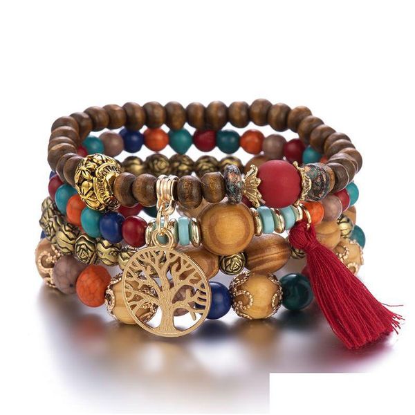 Bracelets de charme 4 pièces Bohême arbre de vie charme bracelet de perles ensemble pour femmes à la main perles de bois chaîne bracelet femme Boho bijoux juif Dh0Sn