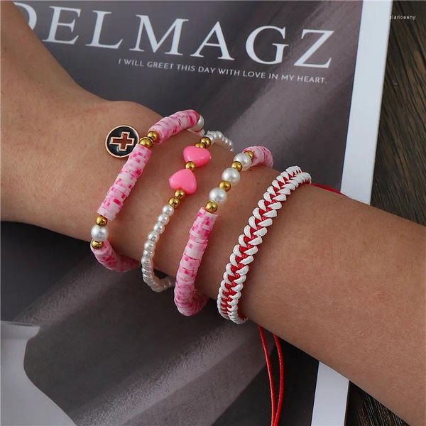 Bracelets de charme 4 pcs/lot bohème coeur perle rose pierre tissé Bracelet femmes décontracté bijoux accessoires amitié cadeau