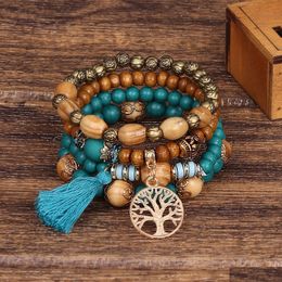 Pulseras de encanto 4 piezas/set Bohemia Tree of Life Bracelet Juego para mujeres Handmaded Wood Beads Bangle Grils Fashion Party Jewelry Dr Dhvzw