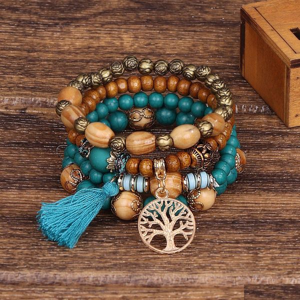 Bracelets de charme 4pcs / ensemble Bohême bracelet arbre de vie ensemble pour les femmes faites à la main des perles de bois brace