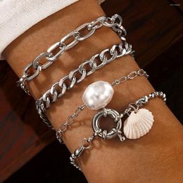 Pulseras de encanto 4 unids / set Bohemia Shell Pearl Pandent Pulsera Conjunto para mujeres Color plata Multi-capa Mujer Joyería de fiesta de verano