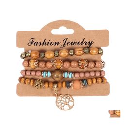 Bracelets porte-bonheur 4 pièces/ensemble chaînes de perles en bois bohème pour femme arbre de vie métal Rose fleur bois perles bracelet mode Boho bijou Otu6J