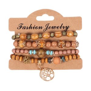 Bracelets porte-bonheur 4pcs / set chaînes de perles en bois de bohème pour les femmes arbre de vie métal rose fleur perles de bois bracelet mode bijoux bohème Dhfye