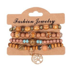 Bracelets porte-bonheur 4pcs / set Chaînes de perles en bois de bohème pour les femmes Arbre de vie Métal Rose Fleur Perles en bois Bracelet Mode Boho Jewel Dhql7
