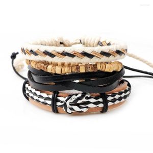 Charm Bracelets 4pcs / set Boho Gypsy Hippie Punk Brown Black Leather Beige Cord Wrap Nudos Capas de cuentas de madera Ajustable Set para hombre