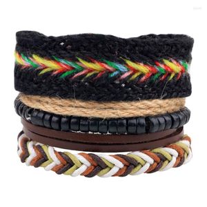 Bedelarmbanden 4 stcs/set boho zigeuner hippie punk bruin leer diepblauw houten kralen beige zwart koord macrame gestapelde lagen voor man