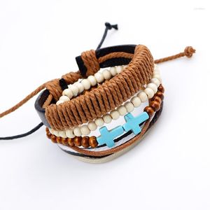 Bracelets porte-bonheur 4 pièces/ensemble Boho Hippie Punk marron cordon enroulé noeuds cuir Turquoises croix perle en bois empilé couches larges pour homme