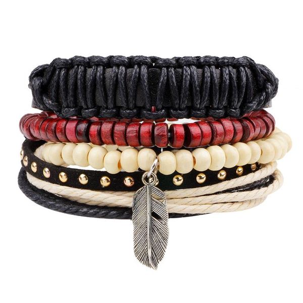 Bracelets porte-bonheur 4pcs / set Boho Hippie Punk Noir Cordon Noeuds Cuir Feuille Rivet Rouge Beige Perle En Bois Empilées Couches Larges Pour ManCharm