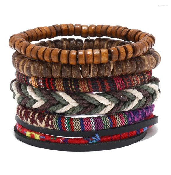 Pulseras de encanto 4 unids / set cuero trenzado para hombres vintage vida árbol timón cuentas de madera pulsera tribal étnica pulsera de cuerda