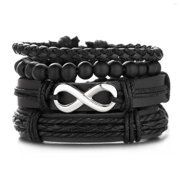 Pulseras con dijes 4 unids/set pulsera trenzada de cuero para hombre Vintage Infinity número 8 cuentas de madera pulseras tribales étnicas regalo