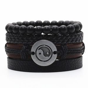 Bedelarmbanden 4 stcs/set kruis tai chi veer woorden zwart bruin lederen kralen vrouwen mannen homme mannelijke femme sieraden