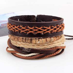 Bracelets porte-bonheur 4 pièces/ensemble fait à la main Boho Gypsy Hippie cuir corde cordon Beige perles de bois envelopper couches réglable large pour ManCharmCharm Kent22
