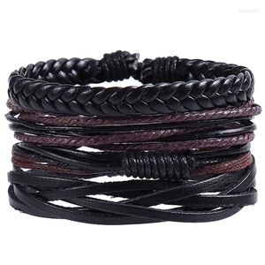 Pulseras con dijes 4 unids/set Hippie Punk cuero negro cordón de cera marrón oscuro nudos de macramé envolver brazaletes anchos para hombre joyería de mano