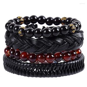 Bracelets de charme 4pcs / Set Hippie Punk Bande de cuir noir Mots de Bouddha Perles d'onyx rouge Noeuds de cordon Wrap larges bracelets empilables pour homme