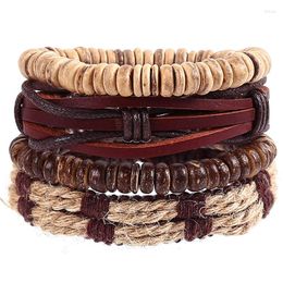 Bracelets porte-bonheur 4 pièces/ensemble Hippie Punk bracelet en cuir marron foncé perles en bois de noix de coco cordon noeuds envelopper larges bracelets empilables pour homme