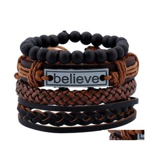 Bracelets porte-bonheur 4 pièces/ensemble hommes Vintage cuir croire Bracelet ensembles corde tressée perles noires chaînes chaîne bracelet pour femmes mode Pu Otp13