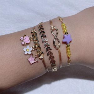 Charm Armbanden 4psc/set Bohemian Gemengde Roze Pompoen Auto Bloem Kroon Infinity Star Leaf Armband Vrouwen Kust Vakantie Vrije tijd Sieraden