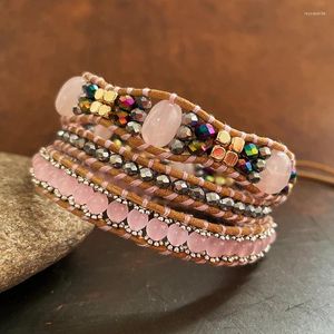 Bracelets de charme 4Unik Femmes Wrap Bracelet W / Pierres Rose Quartz Crytal Vintage Tissage Déclaration Fantaisie Filles Bijoux Cadeaux 4UN-B341