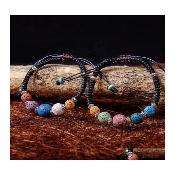 Charm Bracelets 5 Color Lava Rock Beads Womens Essential Oil Difusor Stone Leather Trenzado Cuerda Brazalete Para Damas Joyería de Moda D Otg7E