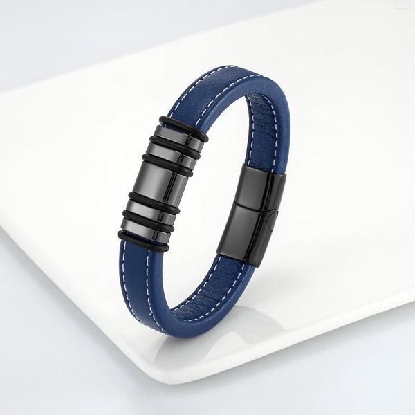 Bracelets de charme 5 anneaux multicolores en acier inoxydable bijoux simples unisexe classique couple bracelet bleu large cordon en cuir
