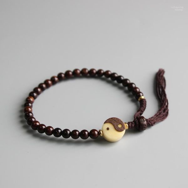 Pulseras con dijes de coco natural de 5 mm Cuentas redondas hechas a mano con Yin Yang Tai Chi Signo Pulsera Hombres Mujeres Nudos de la suerte tibetano Regalo de la joyería Rodn