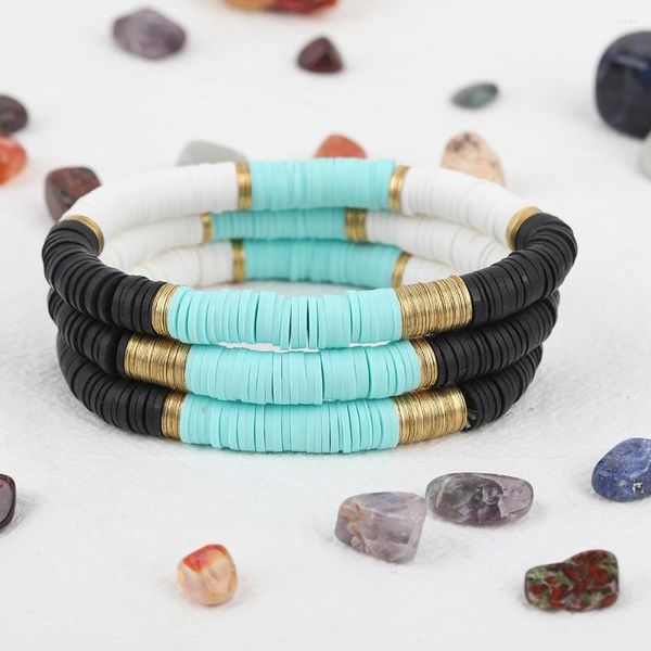 Pulseras con abalorios, 5 uds., cuentas Heishi de arcilla polimérica de Color azul, negro y blanco, hojas de cobre dorado de 8mm, pulsera de cuerda elástica de vinilo para mujer