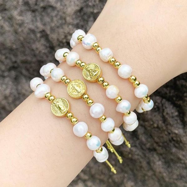 Pulseras de encanto 5 unids mujeres elegantes perlas de agua dulce con cuentas de cobre chapado en oro virgen maría joyería delicada regalos