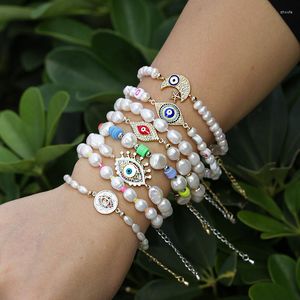 Bracelets porte-bonheur 5 pièces bijoux Boho lettre perle d'eau douce naturelle perlée en plastique élastique corde CZ connecteur unisexe Bracelet pour femme cadeau