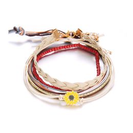 Bedelarmbanden 5 -stcs gelaagde set stapelbare wrap boheemian daisy lederen koord armband verstelbare kralen