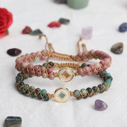 Pulseras con dijes, 5 unidades/lote, pulsera con dijes de concha blanca natural, 4mm, rodonita, turquesas africanas, cuentas de Mala, joyería trenzada anudada