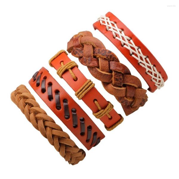 Pulseras con dijes 5 unids / set 2023 Boho Gypsy Hippie Punk Rojo Marrón Cuero Cera Cordón Blanco Nudos Capas Apiladas Ajustable Conjunto unisex