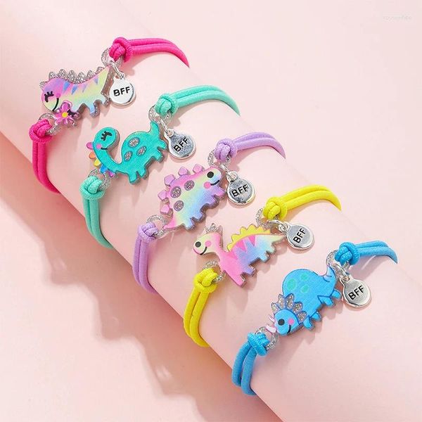 Bracelets de charme 5pcs / set mignon dessin animé dinosaure acrylique corde extensible bracelet pour filles bandeau utilisation fête cadeau d'anniversaire