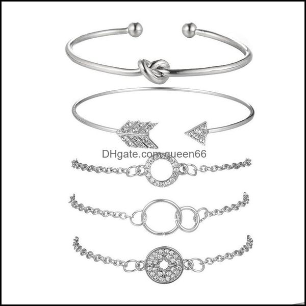 Pulseras con dijes 5 piezas Anillo de ramita de personalidad simple Combinación de flecha de diamante Puño ajustable Pulsera abierta Conjunto de envoltura apilable para mujer Dhxc4