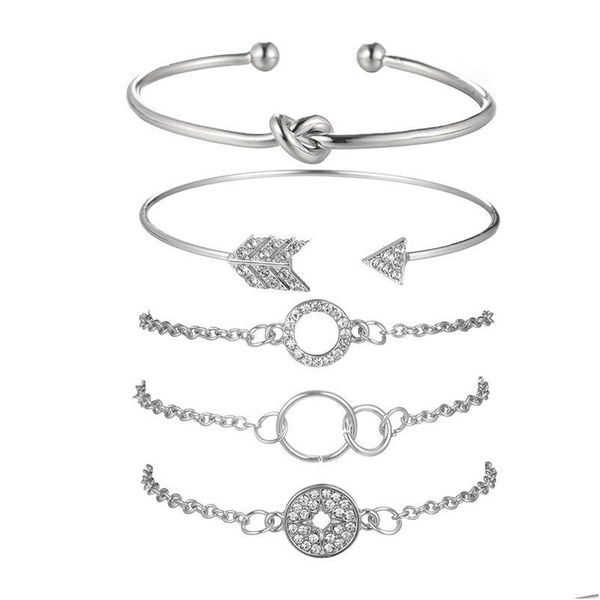 Pulseras con dijes 5 piezas Anillo de ramita de personalidad simple Combinación de flecha de diamante Puño ajustable Pulsera abierta Conjunto de envoltura apilable Dhvxs para mujer