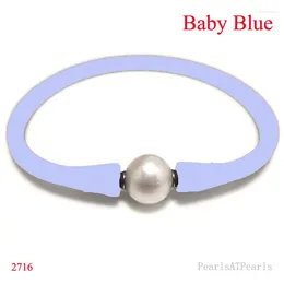 Bedelarmbanden 6,5 inch 10-11 mm Een natuurlijke ronde parel Babyblauw Elastisch rubber siliconen armband voor mannen