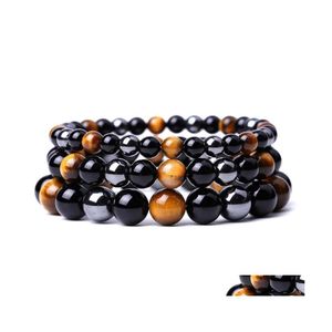 Bracelets porte-bonheur 6 8 10 mm pierre oeil de tigre perles noires brillantes bracelet femmes hommes yoga main chaîne bijoux amitié cadeau livraison directe Dhovh