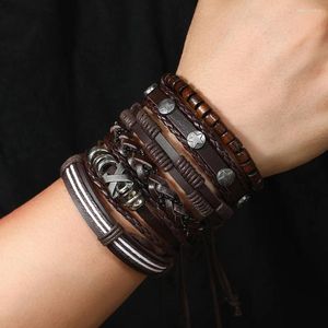 Bracelets de charme 6 pièces Vintage peau de vache tissé corde cuir pour hommes Punk X-lettres pentagramme bois perle bracelet ensemble