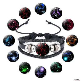 Bracelets de charme 6 styles Signe du zodiaque Cuir 18mm Ginger Snap Boutons 12 Horoscope Bracelet réglable pour femmes hommes bijoux de mode Dro Dhaiw