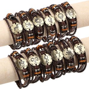 Bracelets de charme 60pcs / lot 12 Constellation zodiaque tressée en cuir marron Bangles pour hommes femmes punk aries leo libra bijoux en gros dhmmz