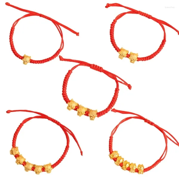 Bracelets de charme 652F 5pcs Redness Weave Chaînes à main réglables avec pendentif dragon Chaîne de poignet à tirer pour dames