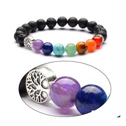 Pulseras con dijes 6Mm 8Mm Piedra de lava Árbol de la vida 7 Chakra Curación Nce Beads Reiki Buda Oración Aceite esencial Difusor Pulsera Joya Dhxlo