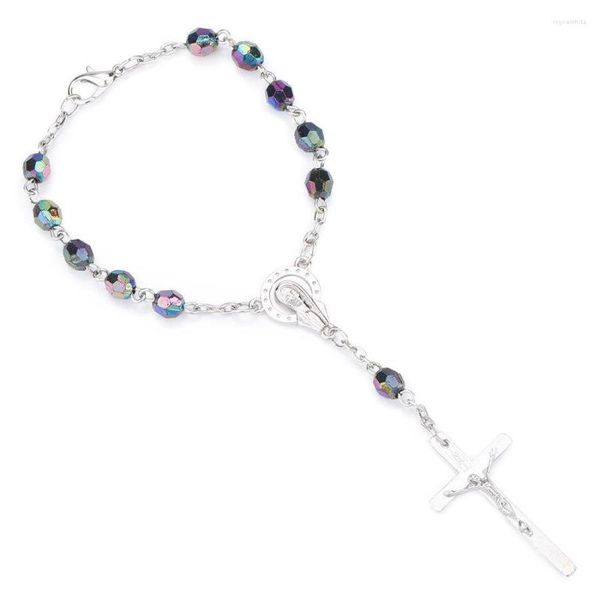 Pulseras con abalorios de 6mm, cuentas de colores acrílicos, pulsera con colgante de cruz, Rosario católico ortodoxo religioso de Jesús, regalo de joyería