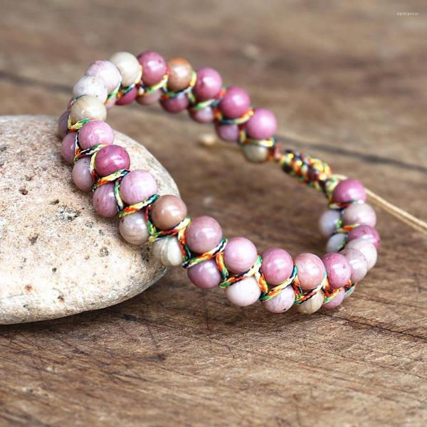 Bracelets de charme 6mm Rhodonite naturelle Double couche perles tressées Bracelet femmes bijoux de mode à la main Yoga Boho brin