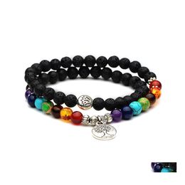 Bracelets De Charme 6Mm Sept Chakra Arbre Bouddha Lotus Noir Pierre De Lave Perles Bracelet Femmes Hommes Bracelet Perlé Wrap Main Cordes Drop De Dh9Mk