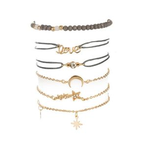 Bedelarmbanden 6pcs Fashion Simple Love FivePointed Star Moon Combination Natural Stone Chain Bead Bracelet Set Handmade Boheemian A DHV6N