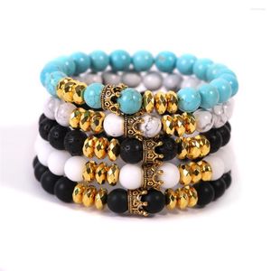 Bracelets porte-bonheur 6pcs pierre naturelle couronne bracelet 8mm perles bleu turquoises noir mat pierre de lave amulette méditation pour la fabrication de bijoux gratuit