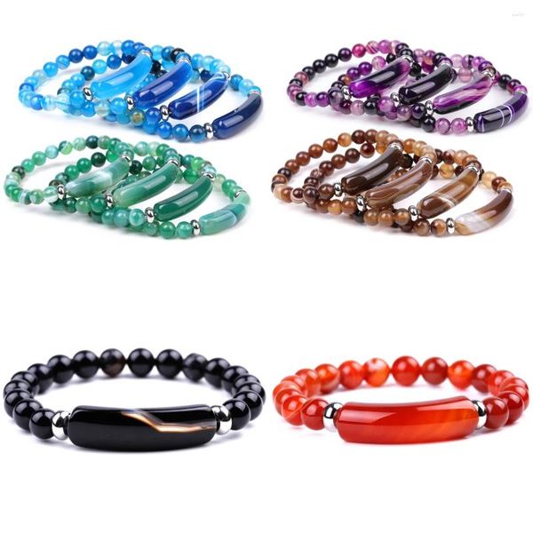 Bracelets de charme 6pcs Pierre naturelle Stripe Agate Rectangle Bar Perle Femmes Reiki Guérison Bracelets faits à la main Couples Bijoux Cadeau