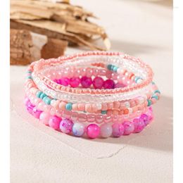 Bracelets de charme 6pcs / Set Bracelet de perles de riz élastiques en cristal pour femme ronde pierre naturelle multicouche bijoux bohème cadeau ensemble