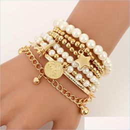 Bracelets de charme 6pcs / set Fashion Gold Color Perles Pearl Star Mtilayer Breded Bracelets Set for Women Charm Party Bijoux Gift 5586 Q2 DHCI9