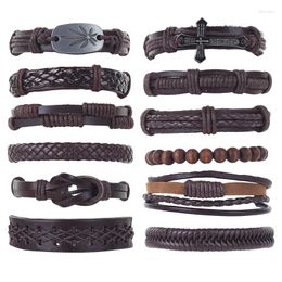 Bracelets de charme 6pcs / Set Punk Hippie Cordon en cuir marron foncé Tressage Noeuds Feuille d'érable Tag Cross Layer Wrap Bracelets pour homme